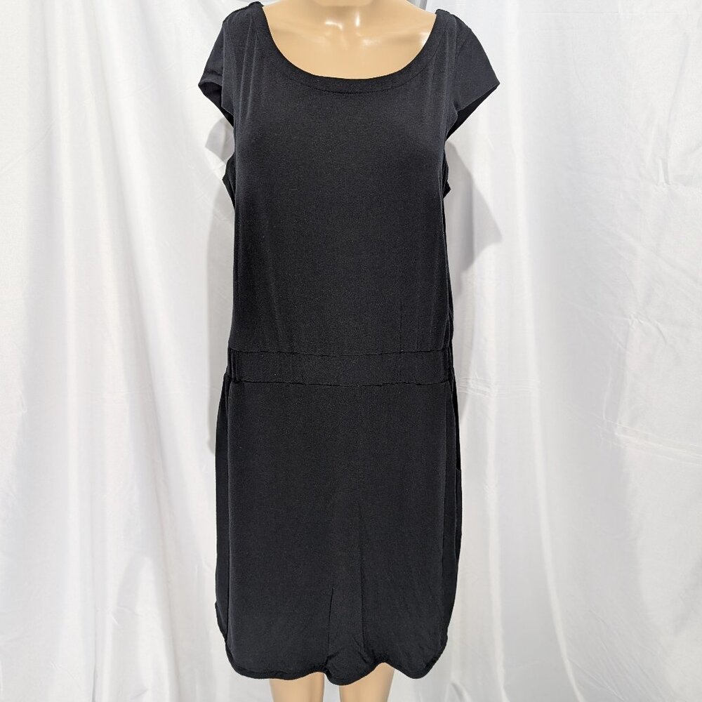 Athleta Redondo Silk Blend Dress Women's size Small Pockets Cap Sleeve Black